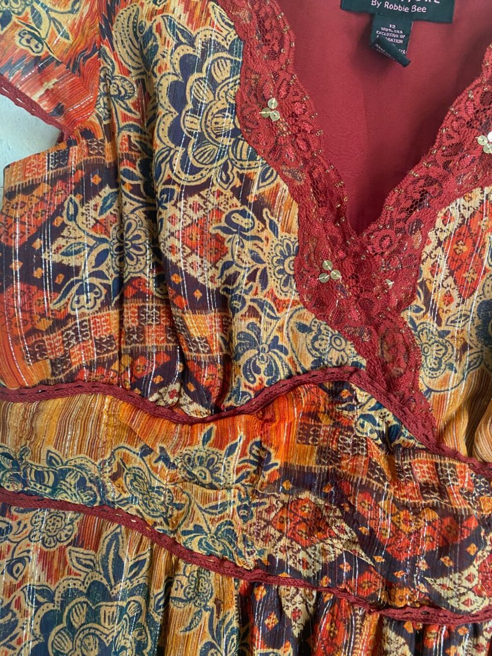 100% Silk Bohemian Paisley Lace-Trim Midi Gypsy Ethereal Dress Robbie Bee - Picture 5 of 11